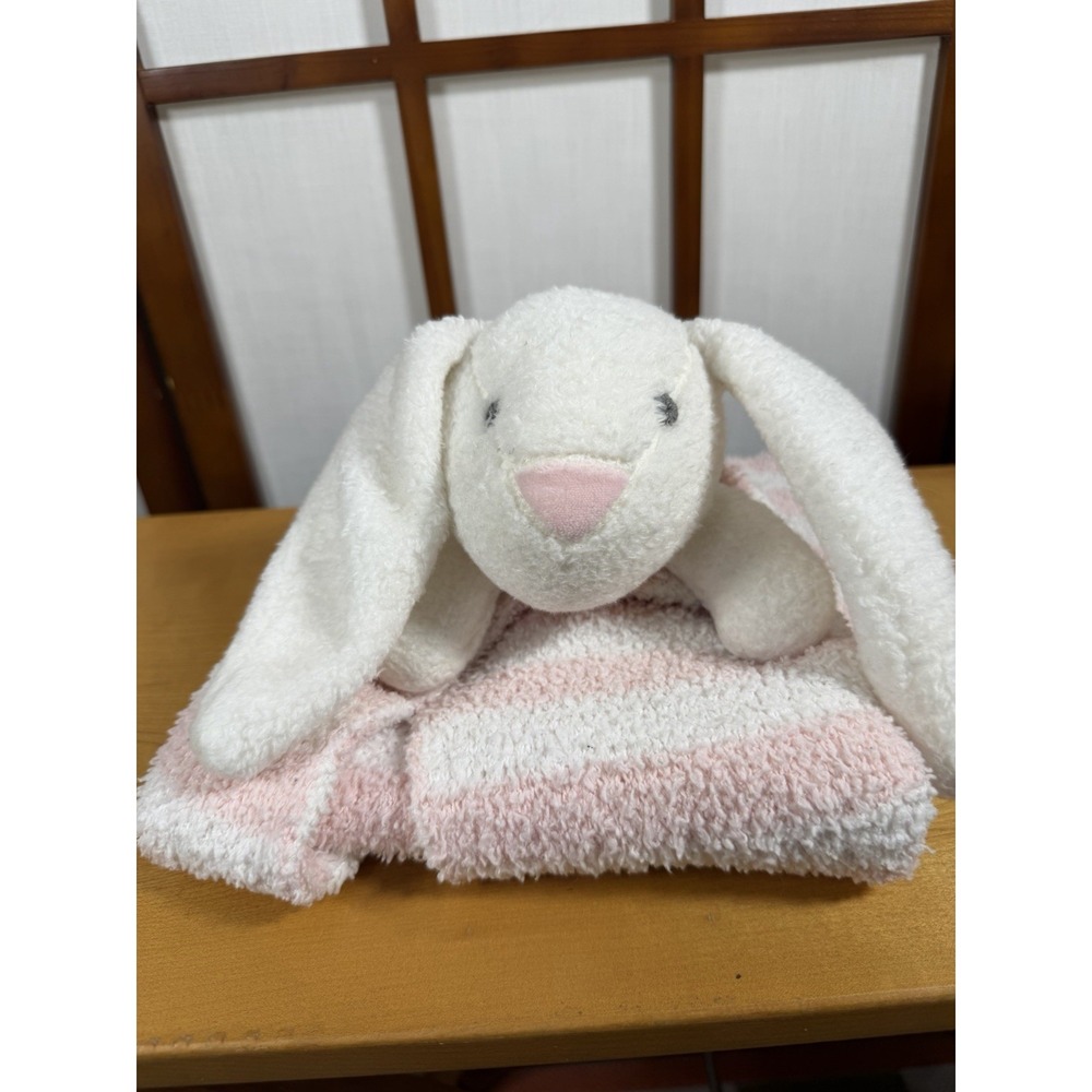 Mud Pie Bunny Rabbit Lovey Pink White Striped Chenille Security Blanket 18"